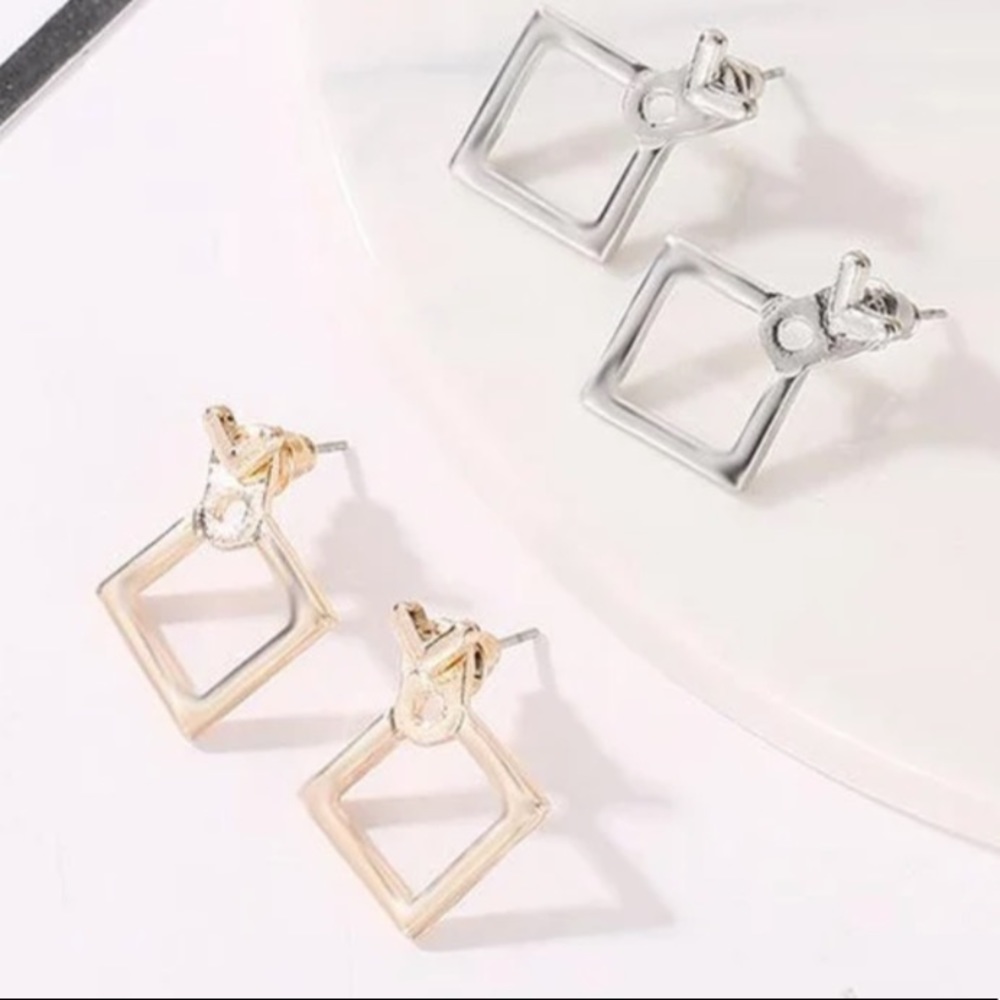 [SILVER]Modern Minimal Geometric Square Versatile Stud Earrings EarJacket - Picture 3 of 15